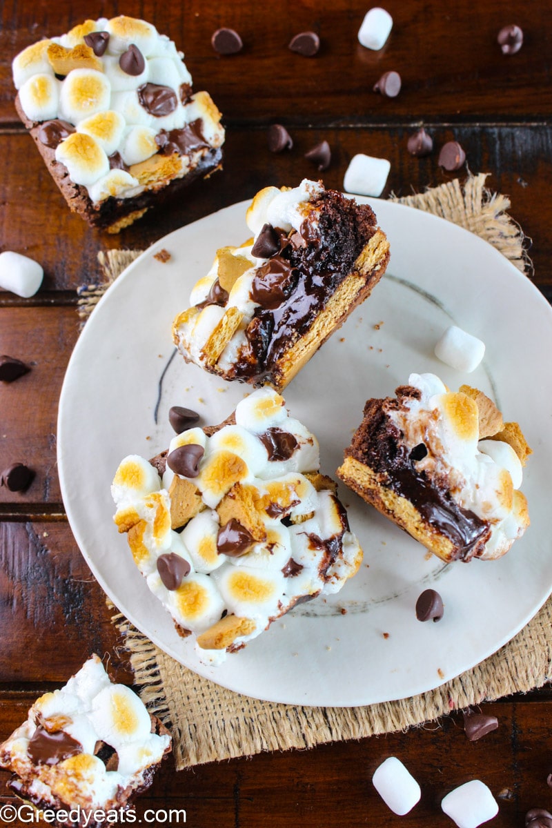 Gooey Brownies from scratch served as layered S'mores brownies on a white plate.