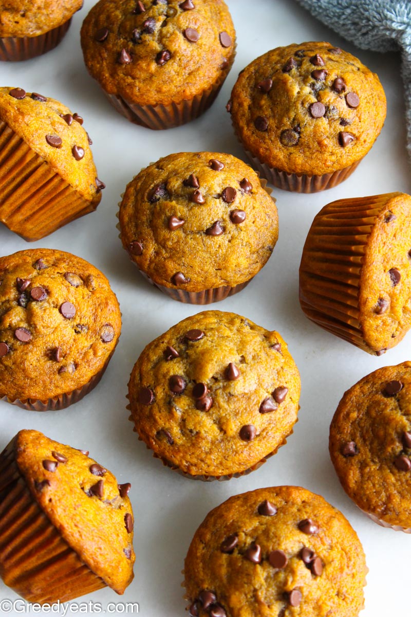 Easy and Healthy Muffins with mini chocolate chips kept on a white board.