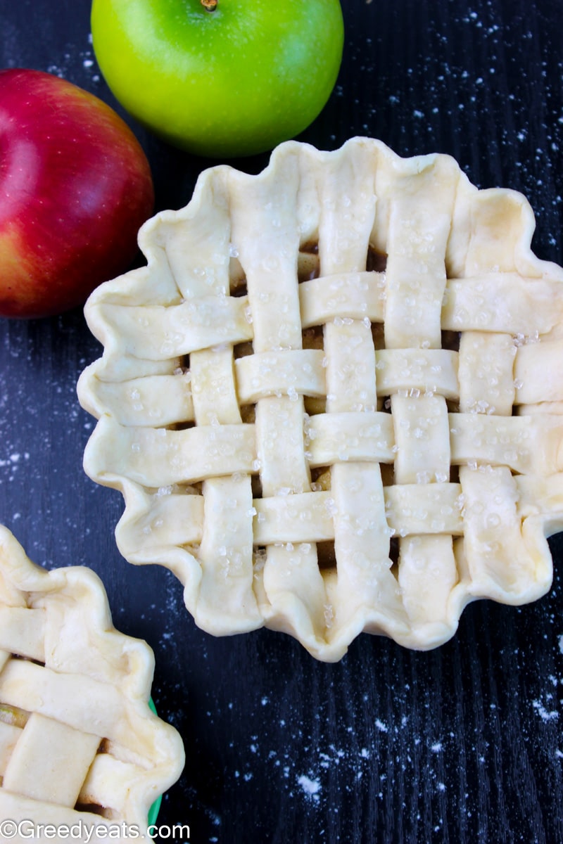 Mini Apple Pie topped with lattice crust ready to be baked.