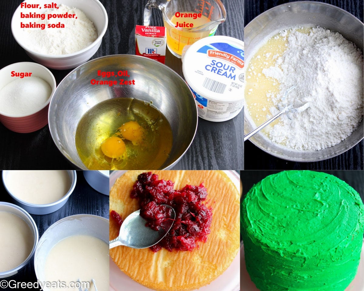 Steps to make Orange Cake, how to layer it with cranberry filling and frost it with Christmas Buttercream.
