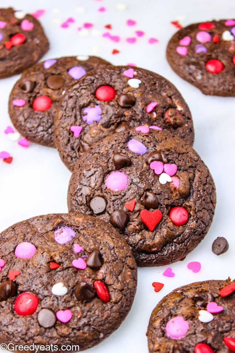 Brownie Cookies dotted with melty chocolate chips and pink m&ms.