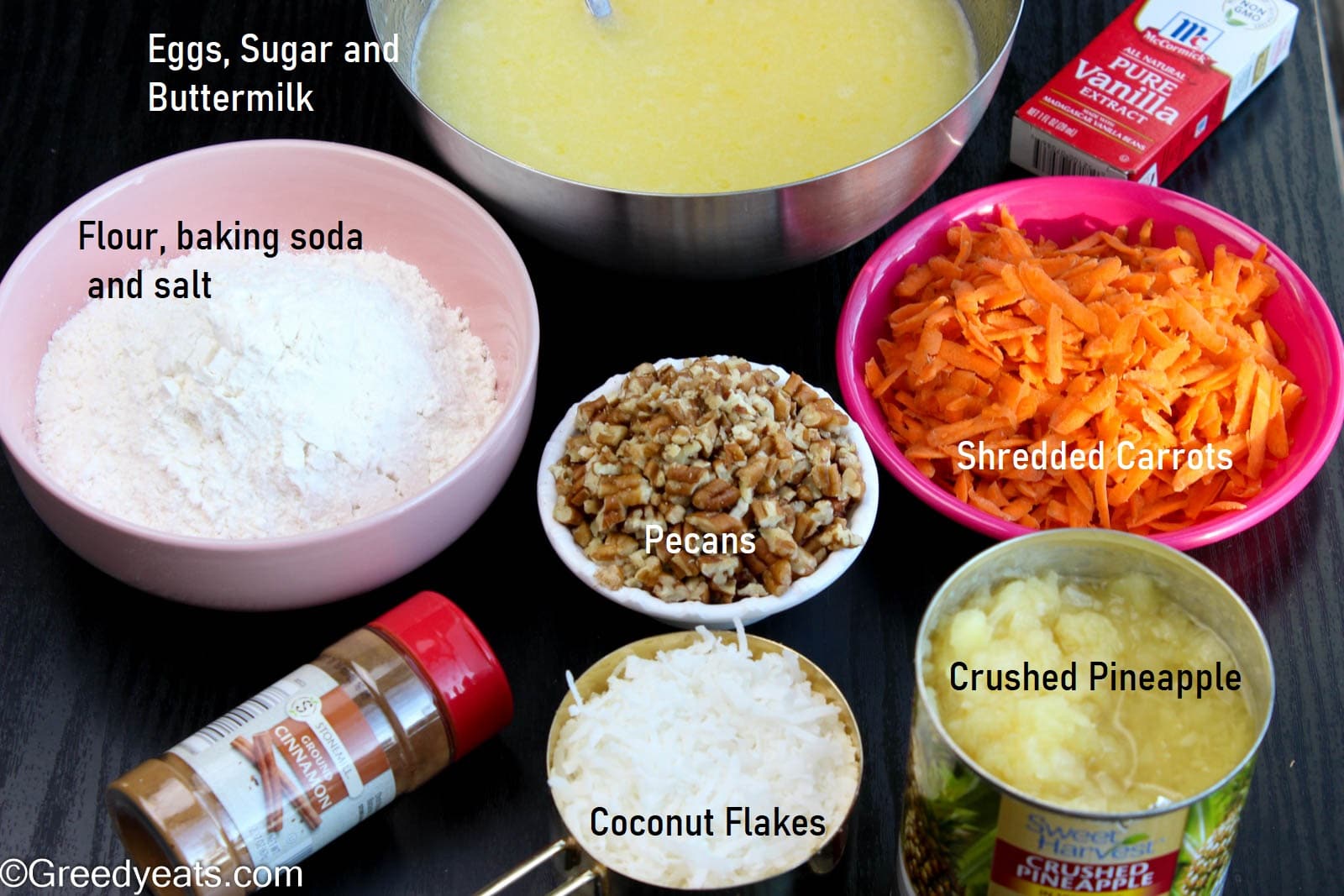 Ingredients like shredded carrots, pineapple, flour, oil and eggs to make Easter cake. 