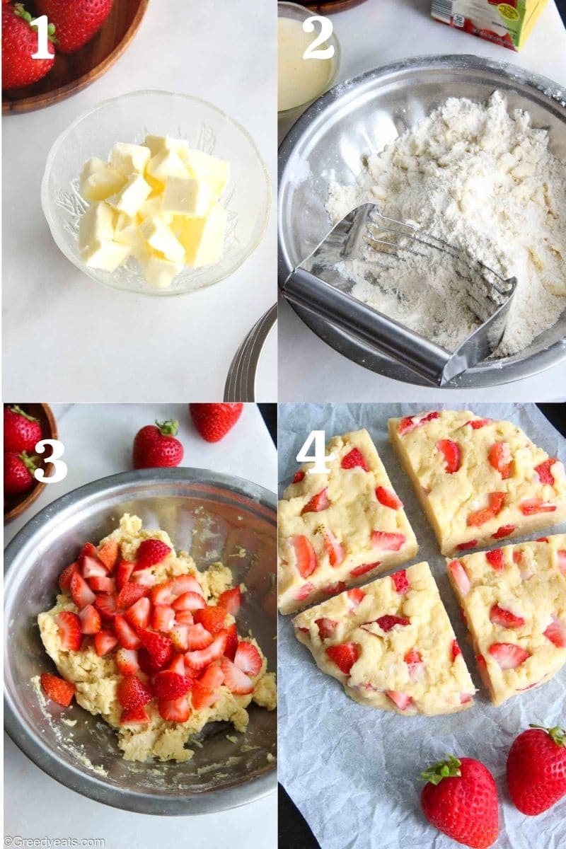 Process to make scones, working cold fat into flour, forming dough and mixing strawberries.