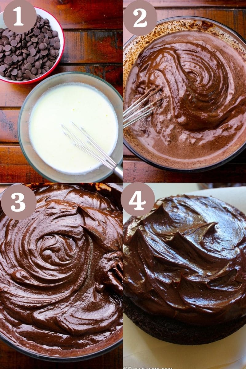 Process to make chocolate ganache by mixing heavy cream into chocolate.