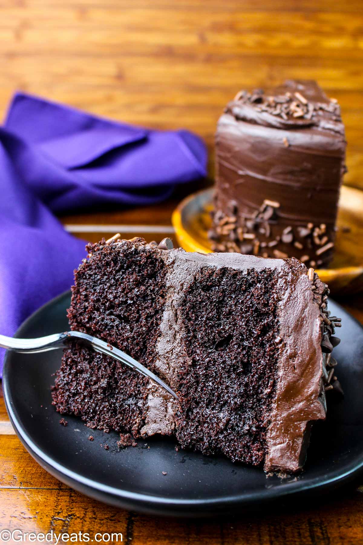 Tender and moist chocolate cake slice topped with chocolate frosting and chocolate sprinkles.