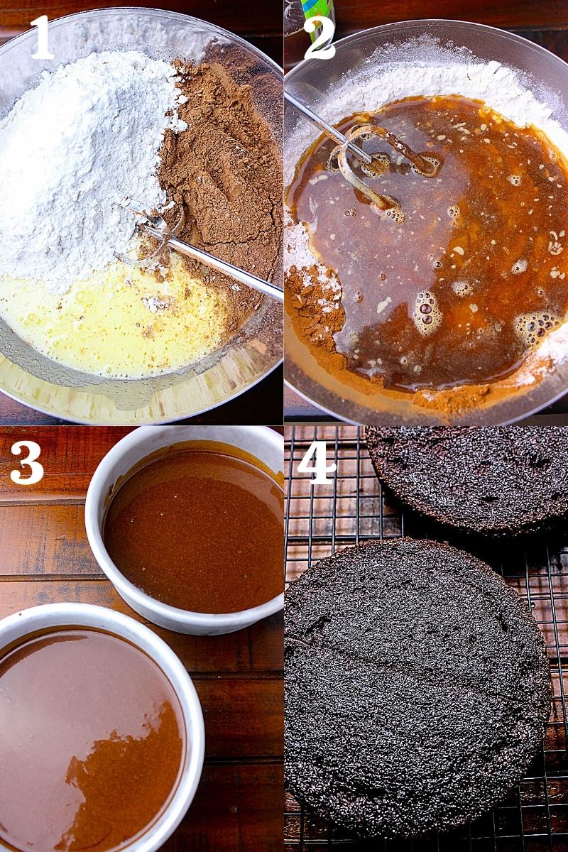 Process to make cake, mixing wet ingredients into dry and pouring them in lined pans.