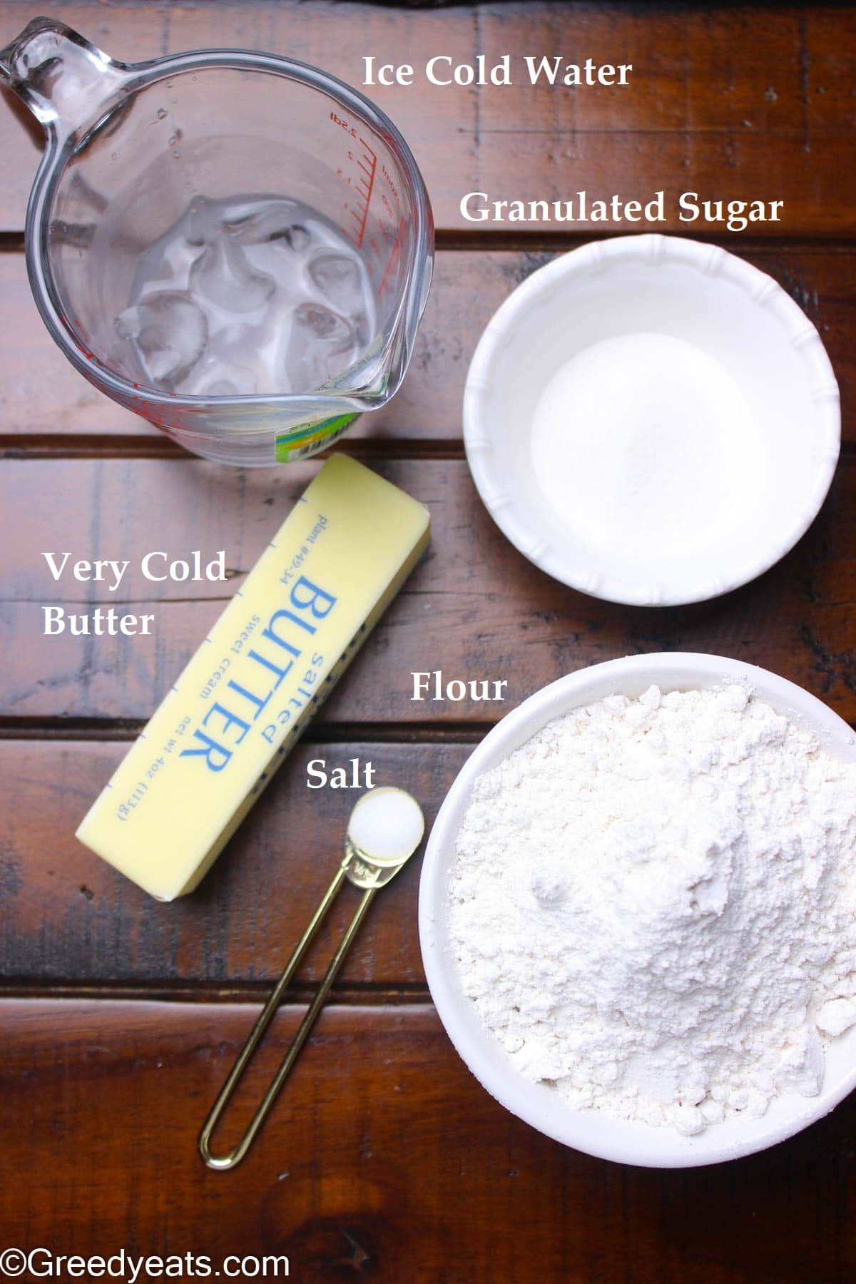 Ingredients like flour, butter, salt and water to make Galette Recipe.