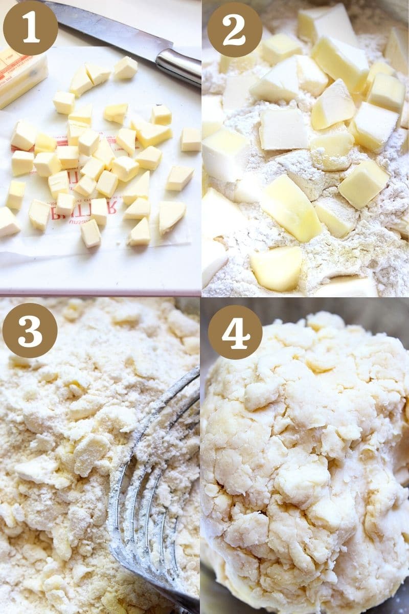 Process to make galette-crumbling cold butter into flour and forming dough.