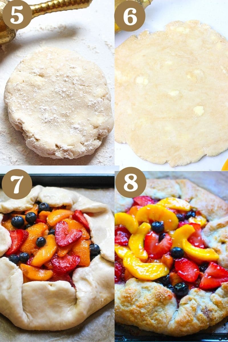 Rolling dough and placing galette filling in the rolled disc for galette recipe.