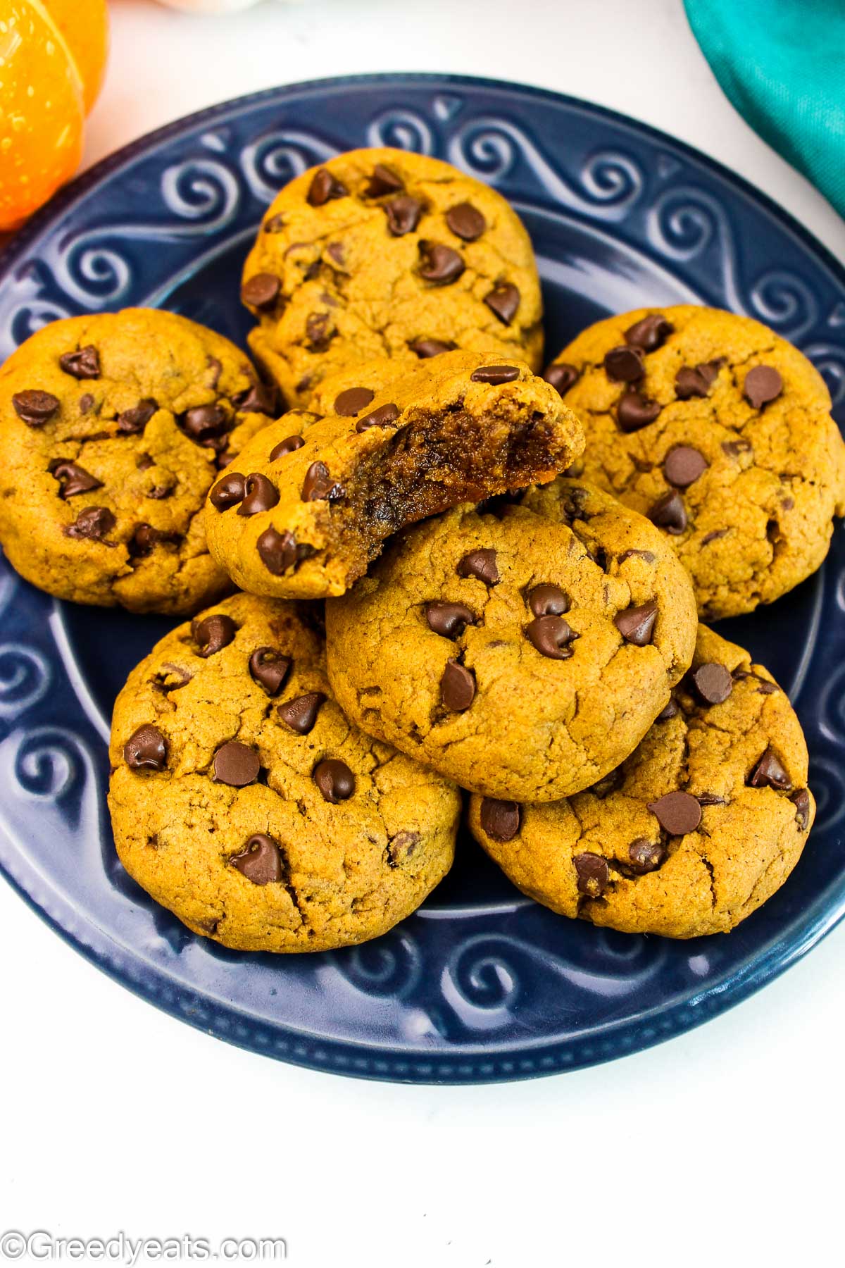 Thick and soft Pumpkin Chocolate Chip Cookies with loads of pumpkin and fall spices flavor.