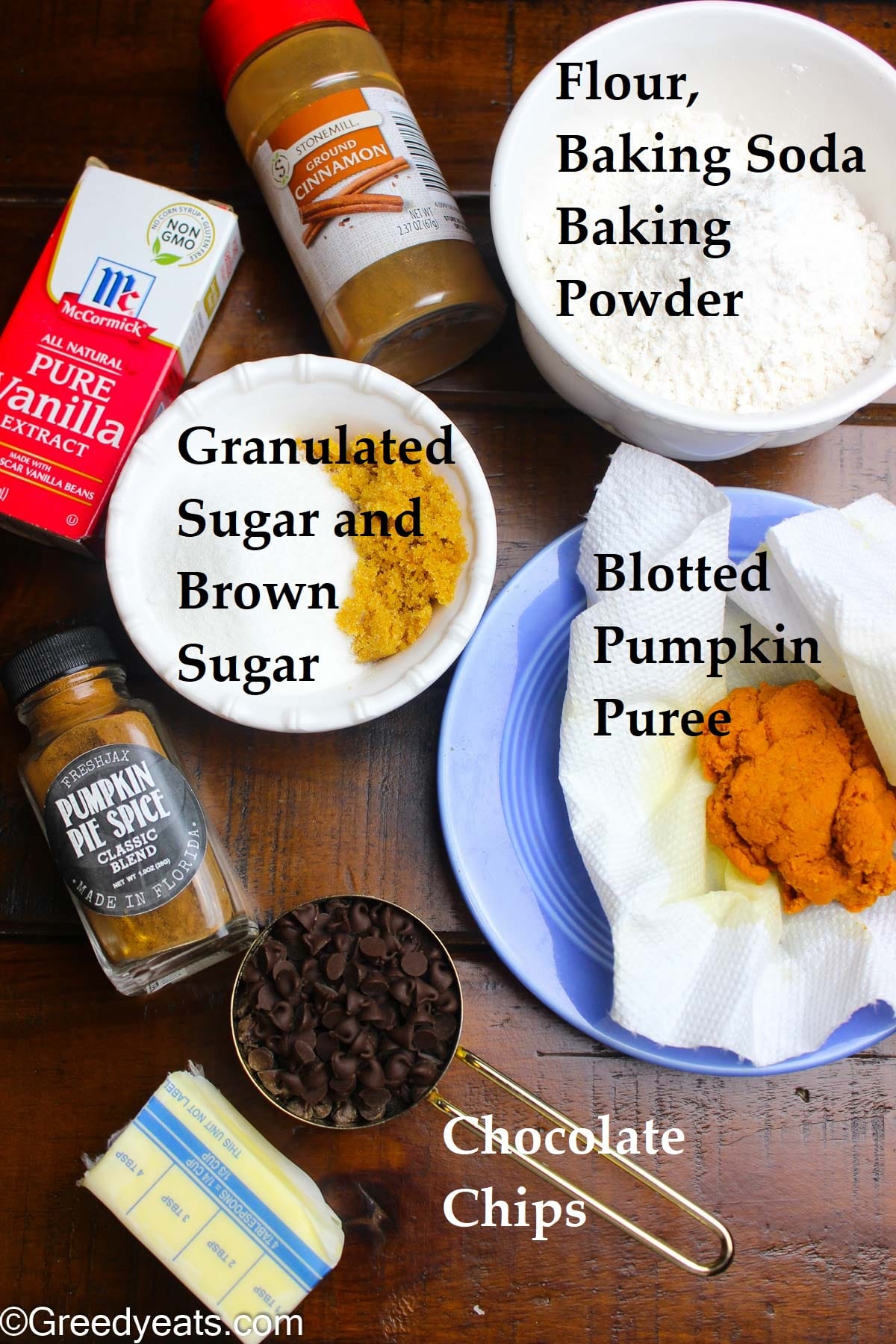 Ingredients like flour, sugars, spices, butter and blotted pumpkin for pumpkin cookies.