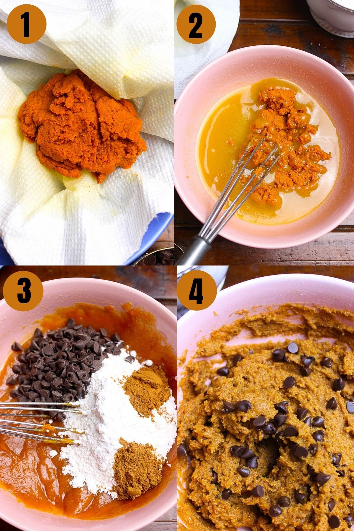 Step by step process to make Pumpkin Cookies by mixing all ingredients and forming dough.