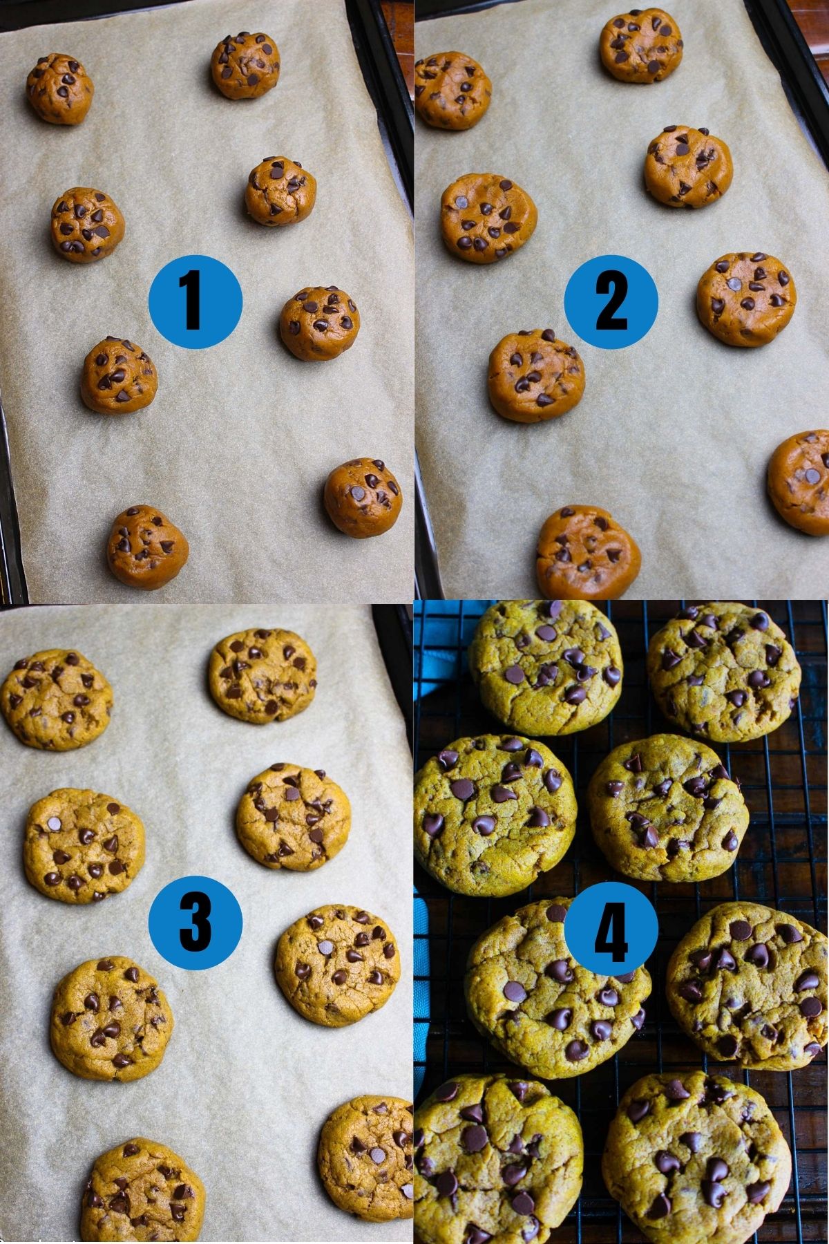 Steps on how to flatten pumpkin cookies slightly before baking and then cooling them.