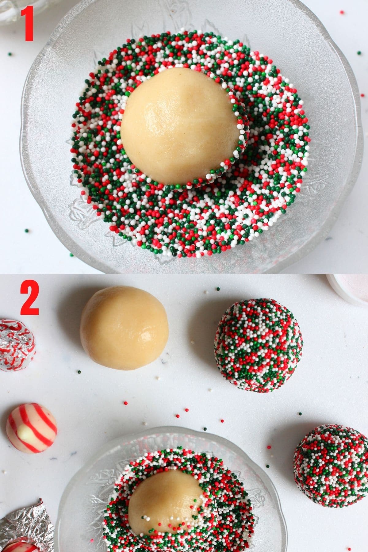 Rolling the cookie dough into balls and then rolling the balls in sprinkles.