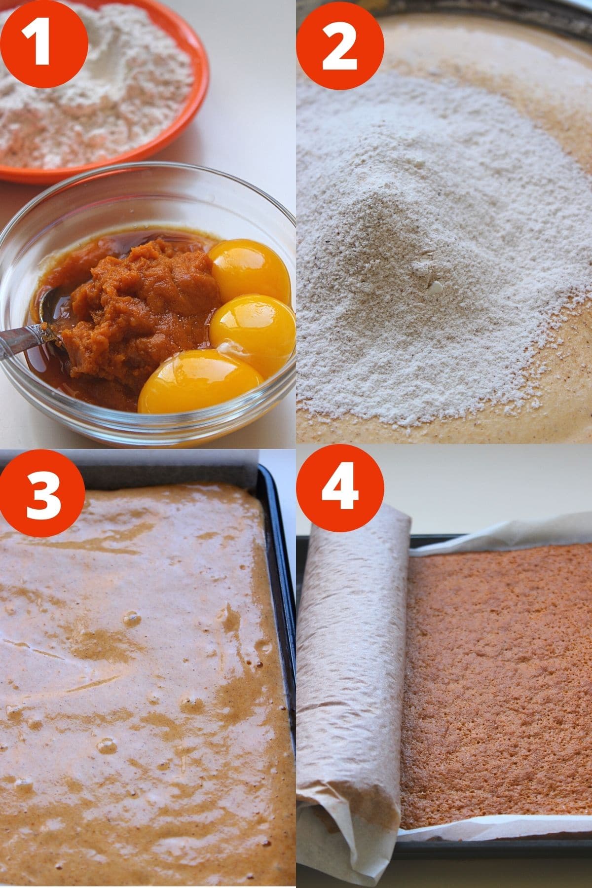 Step by step process to make pumpkin roll by making pumpkin cake batter and baking in jelly roll pan.