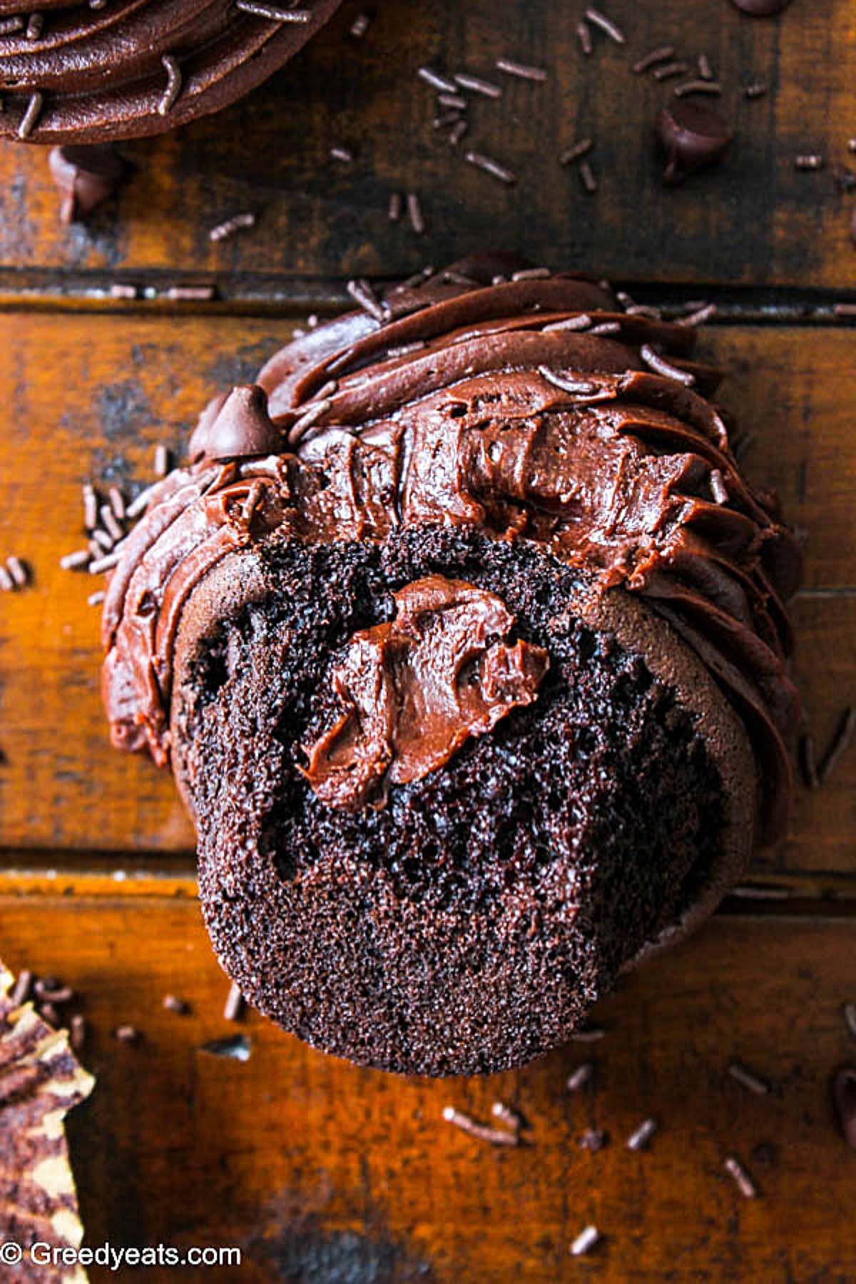 Treat yourself to this small batch Chocolate Cupcakes with Chocolate Ganache frosting recipe.