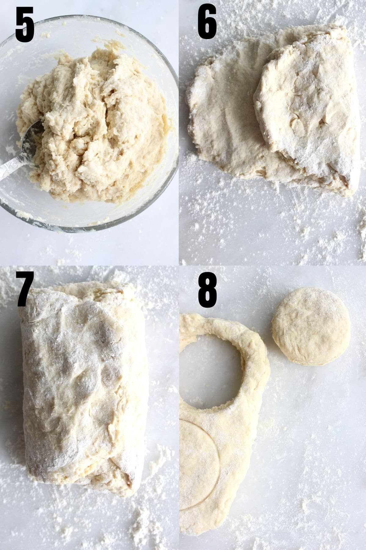 Step by step visual of how to make shortcake biscuits, folding the dough and cutting the biscuits.