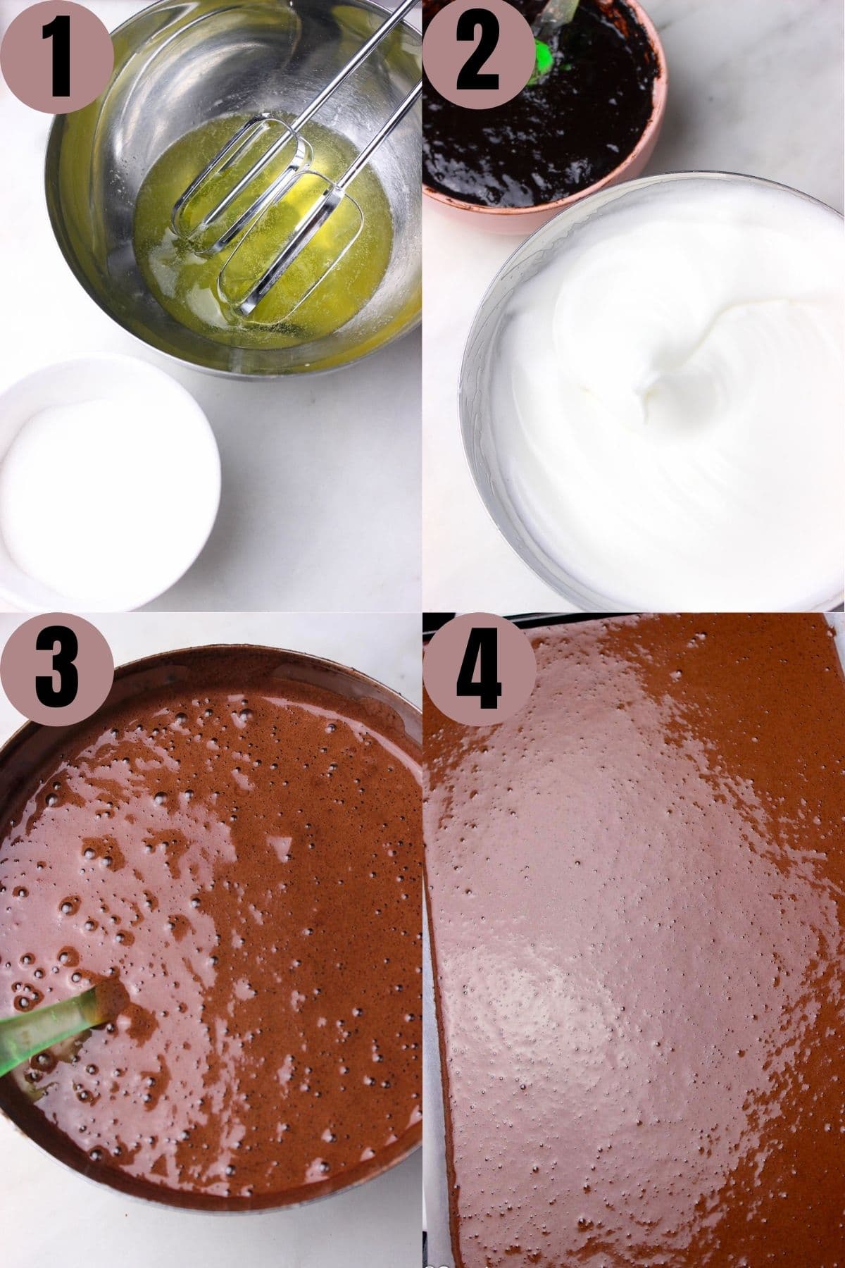 Step by step process of how to make swiss roll, by whipping egg whites and batter separately.