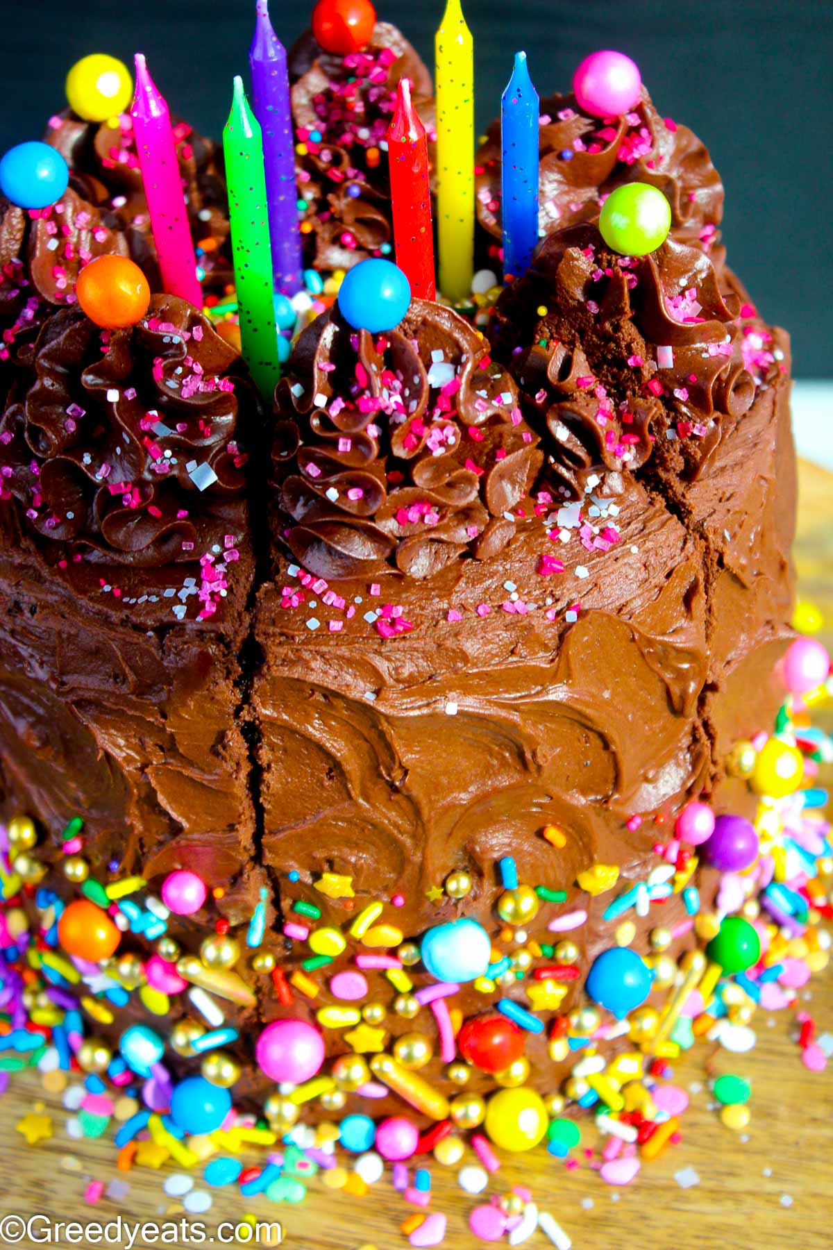 Chocolate Birthday Cake decorated easy chocolate frosting and decorated with Birthday sprinkles.