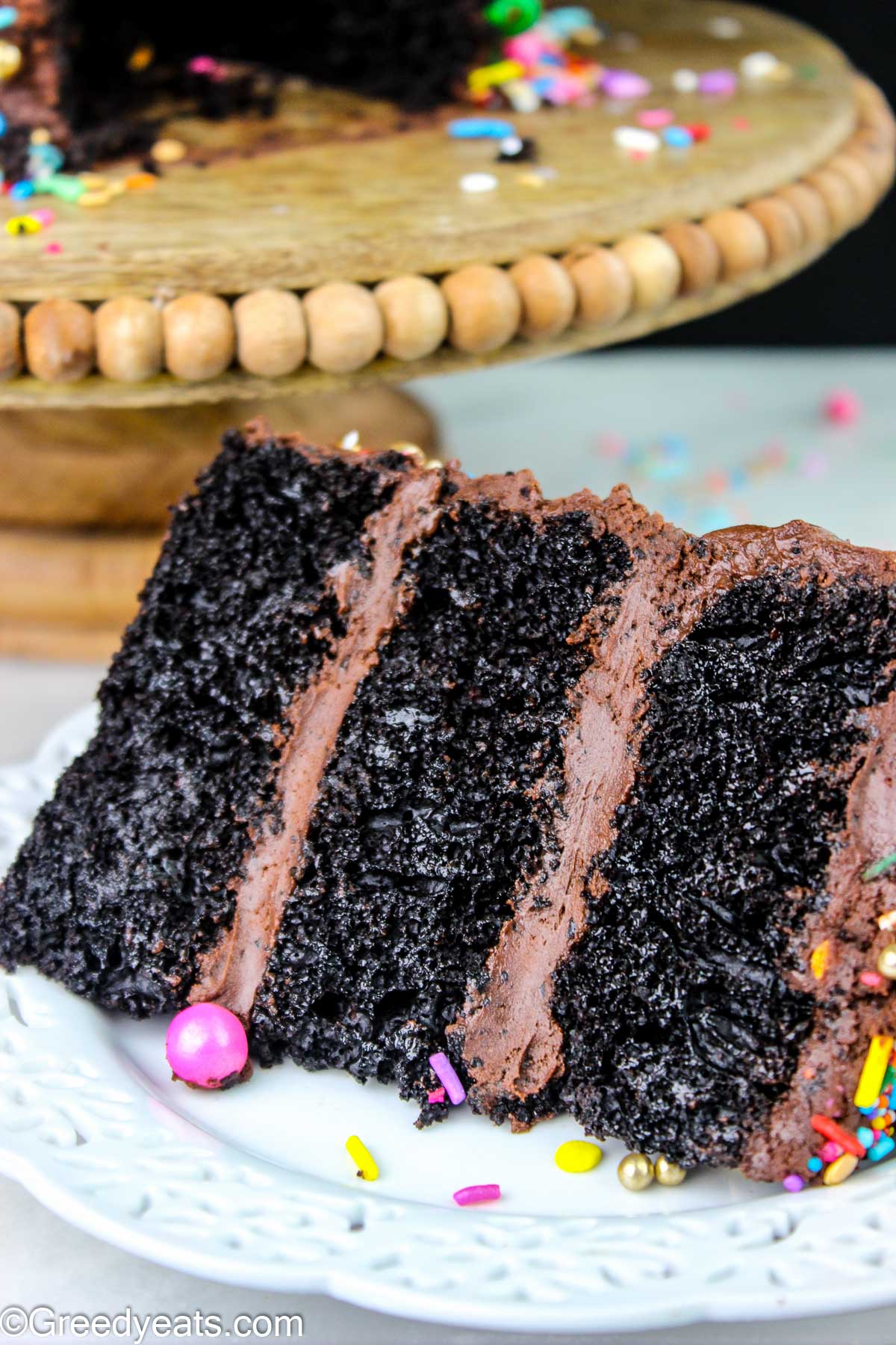 Moist and light Chocolate Cake recipe frosted with easy chocolate frosting!