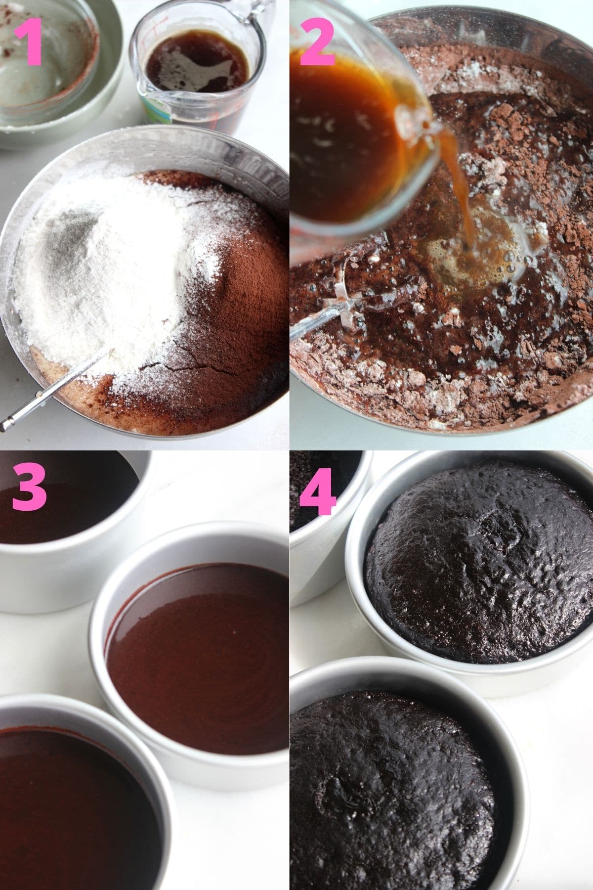 Step by step process of how to make an easy chocolate cake.