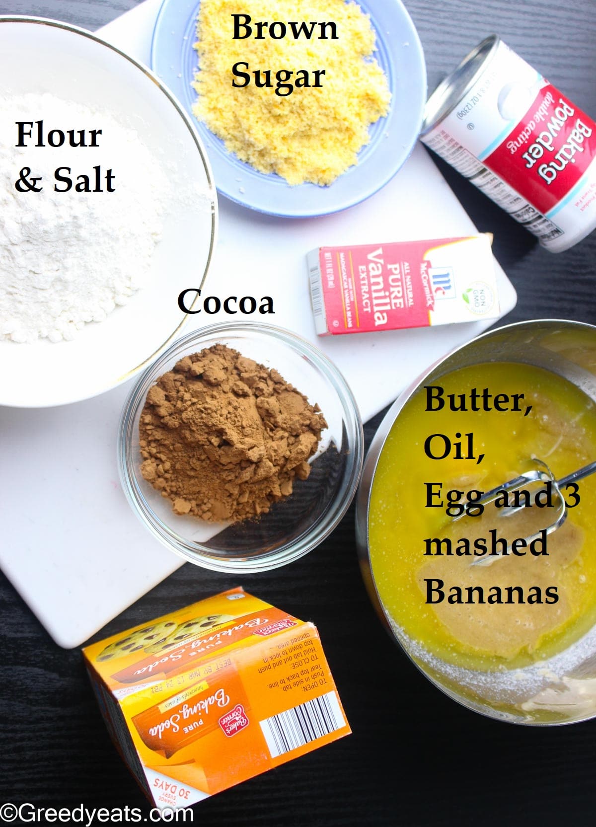 list of ingredients like flour, oil, butter sugar and bananas required to make banana bread.