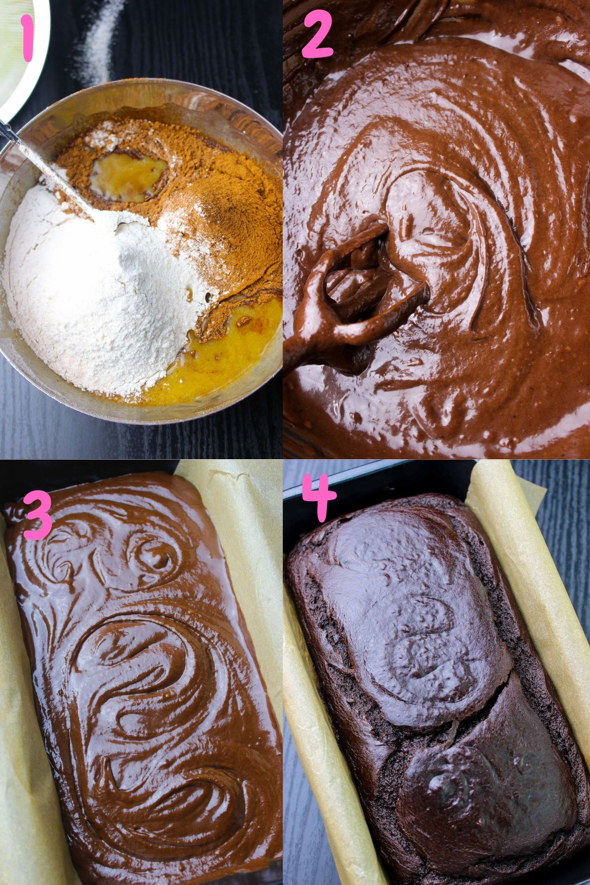 Step by step visuals on how to make banana bread like mixing all wet ingredients and sifting dry over wet.