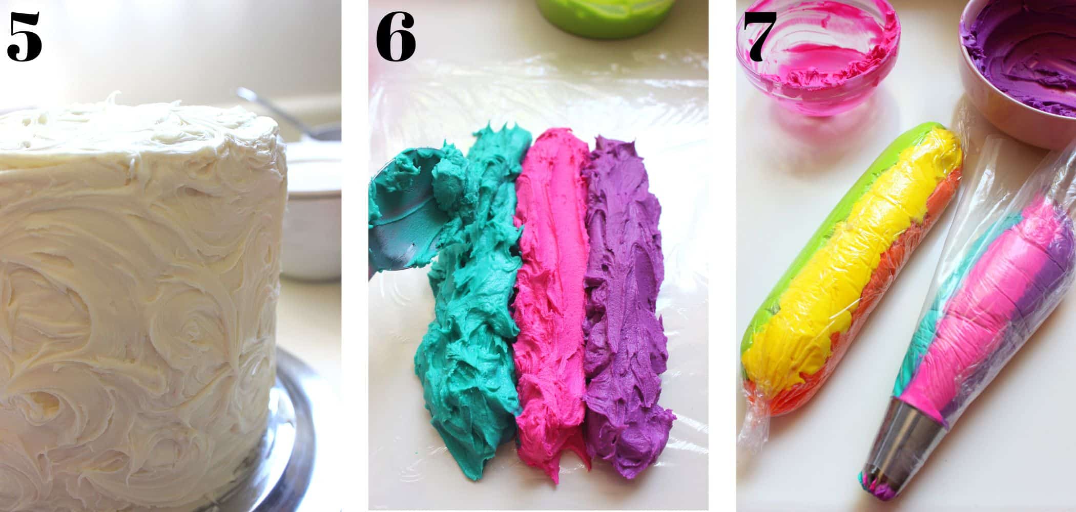Step by step decorating the cake with vanilla buttercream and filling rainbow frosting in piping bag.