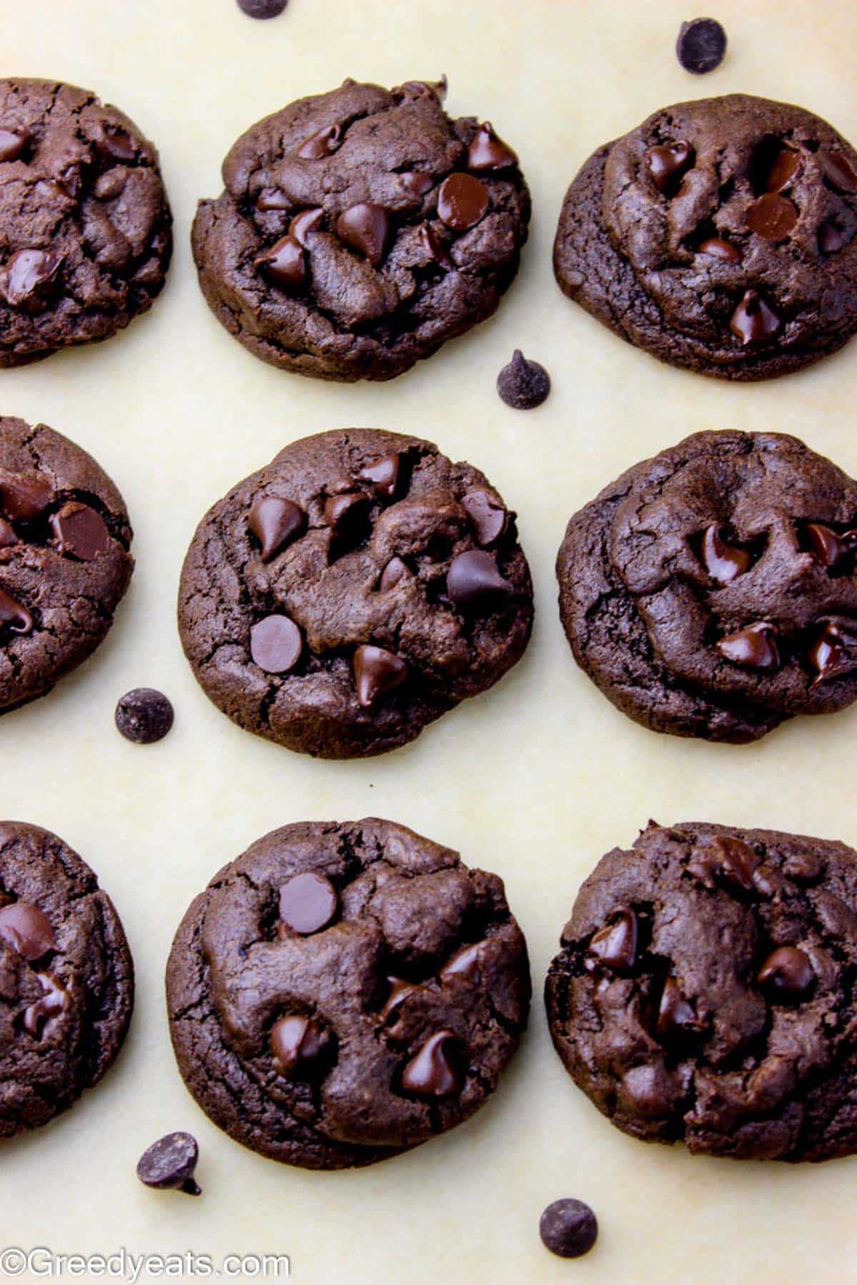 Freshly baked Double Chocolate Cookies Recipe that bakes soft and thick in the center.