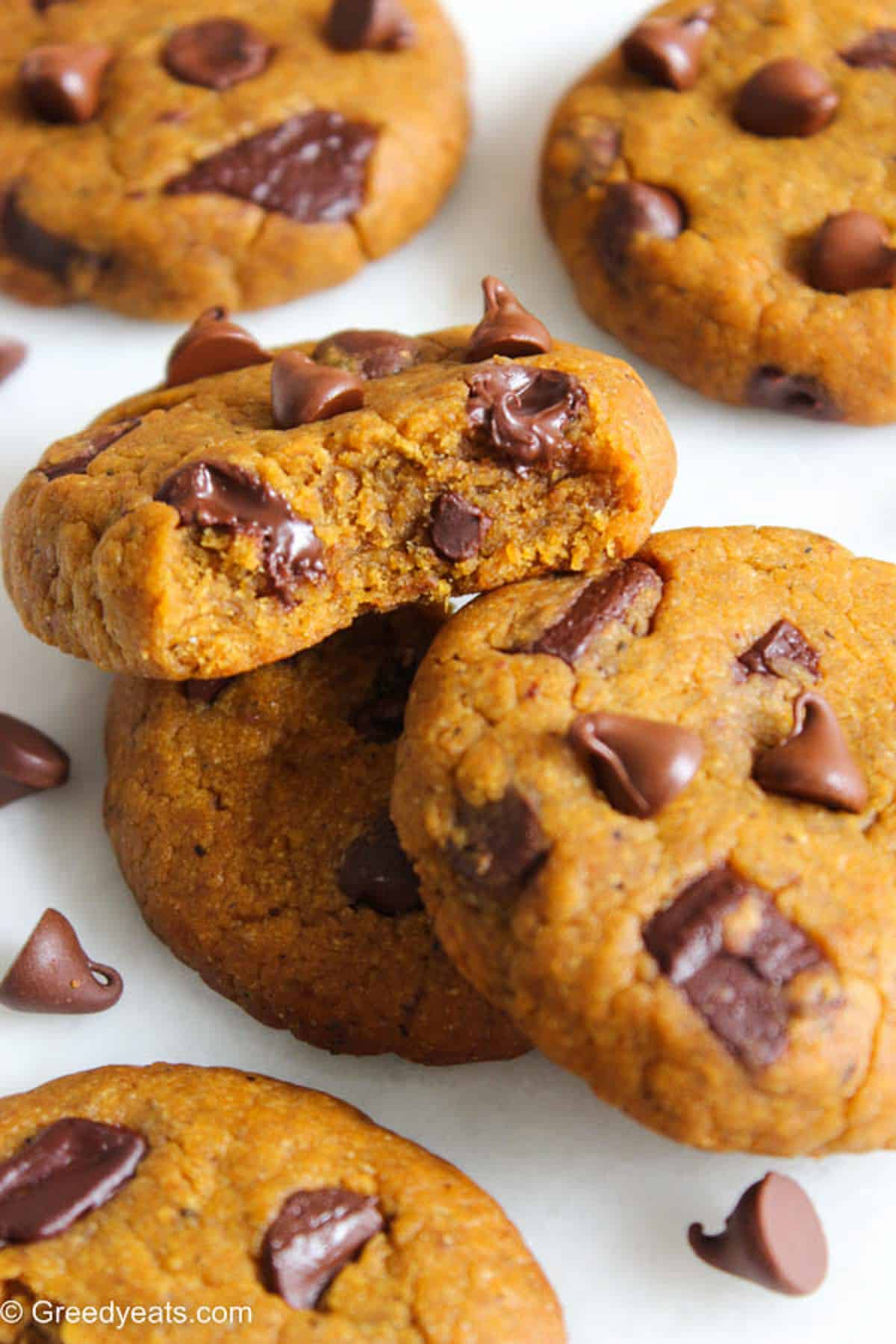 Pumpkin Chocolate Chip Cookies with soft and thick centers and chewy edges.