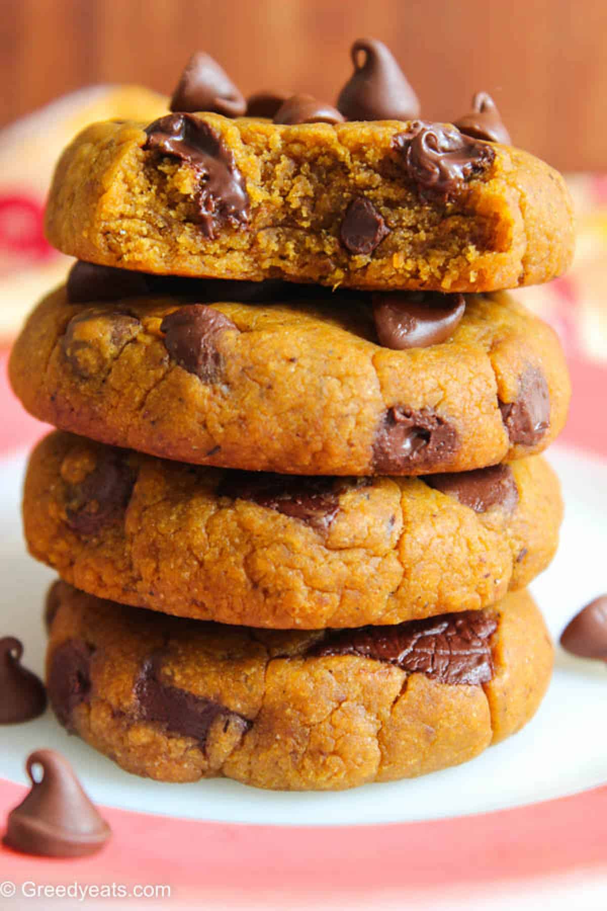 Thick, chewy and soft pumpkin chocolate chip cookies scented with warm spices.