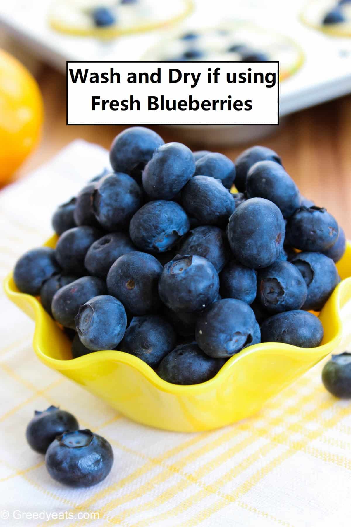 Washed and dried blueberries for lemon berry muffins batter.