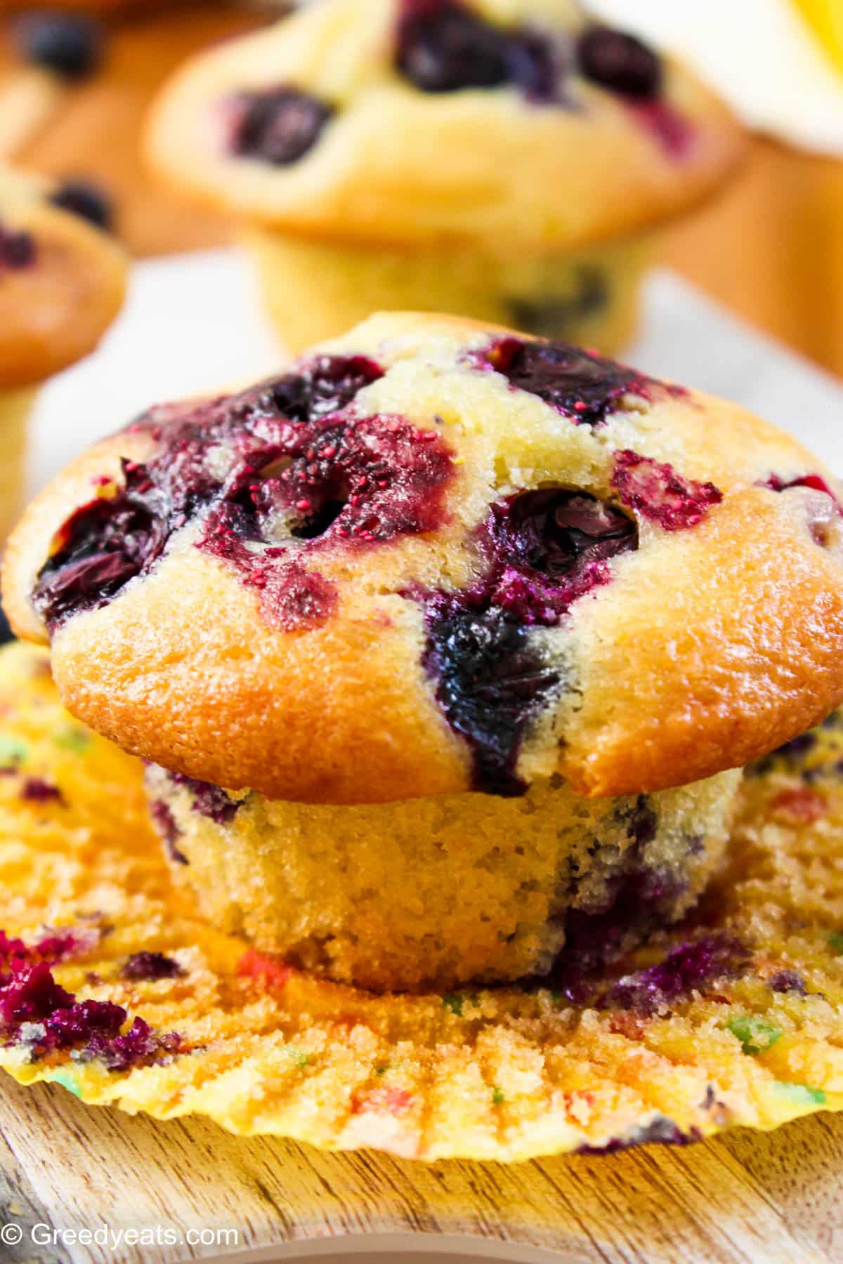 Easy Lemon Blueberry Muffins recipe with soft lemony crumb and fresh berries.