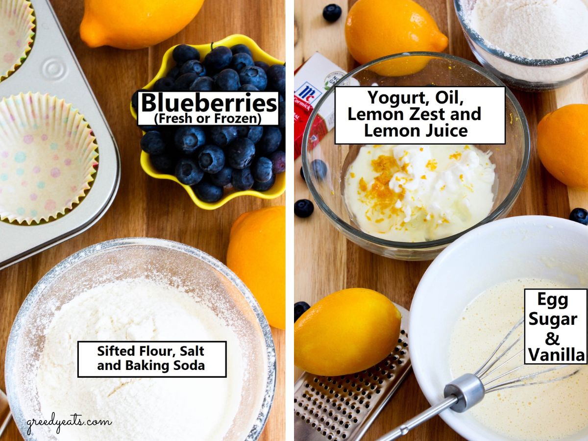 Ingredients such as flour, salt, baking soda, lemon, yogurt, egg, sugar and oil for lemon berry muffins. 