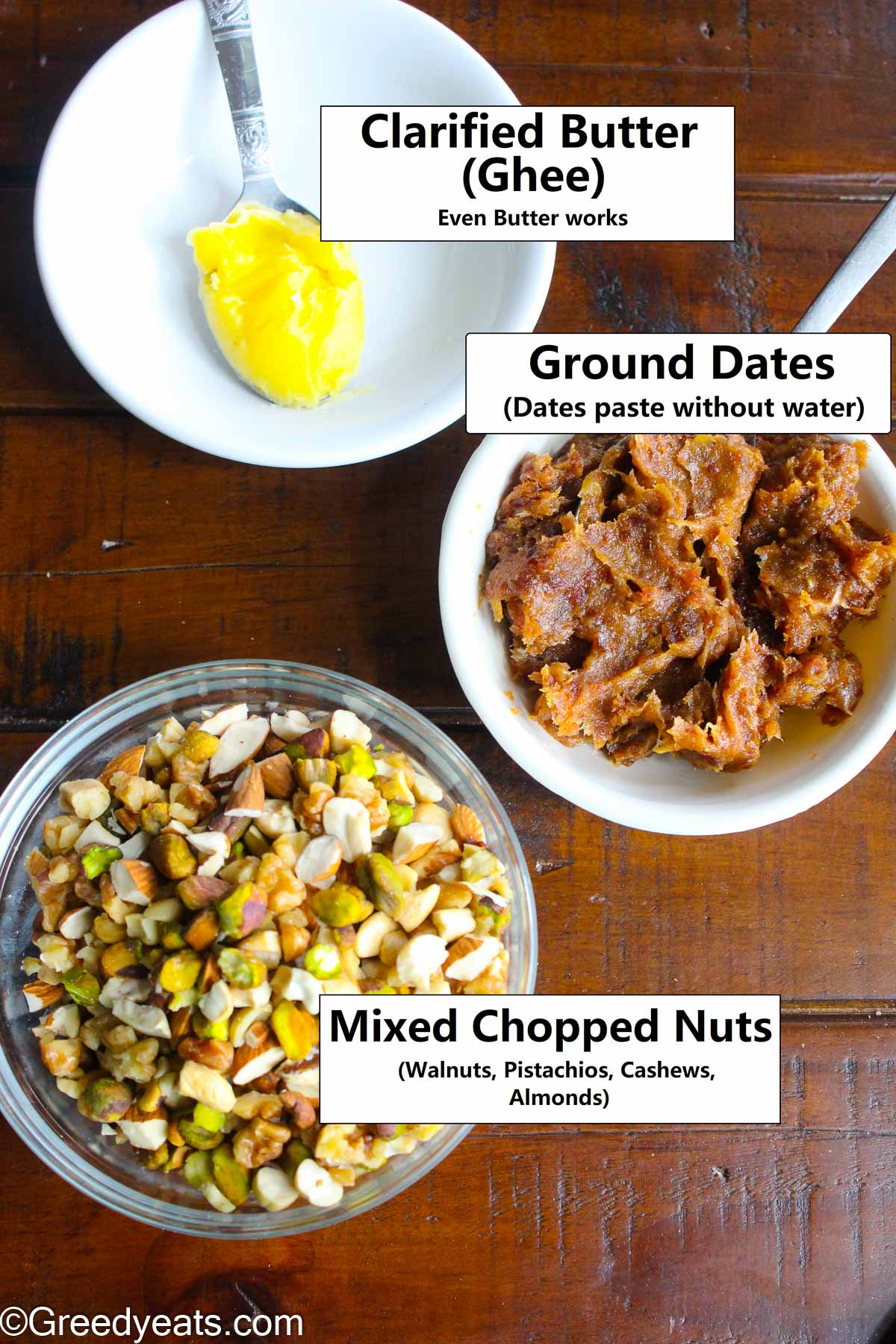 Ingredients like mixed chopped nuts, dates paste and butter to make Date energy bars.