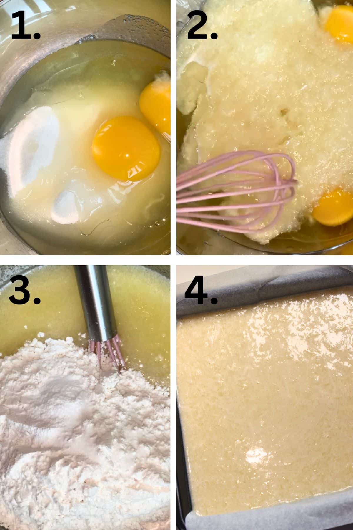 Step by step process shots of how to make pineapple cake. Mixing wet, then mixing dry ingredients into wet.