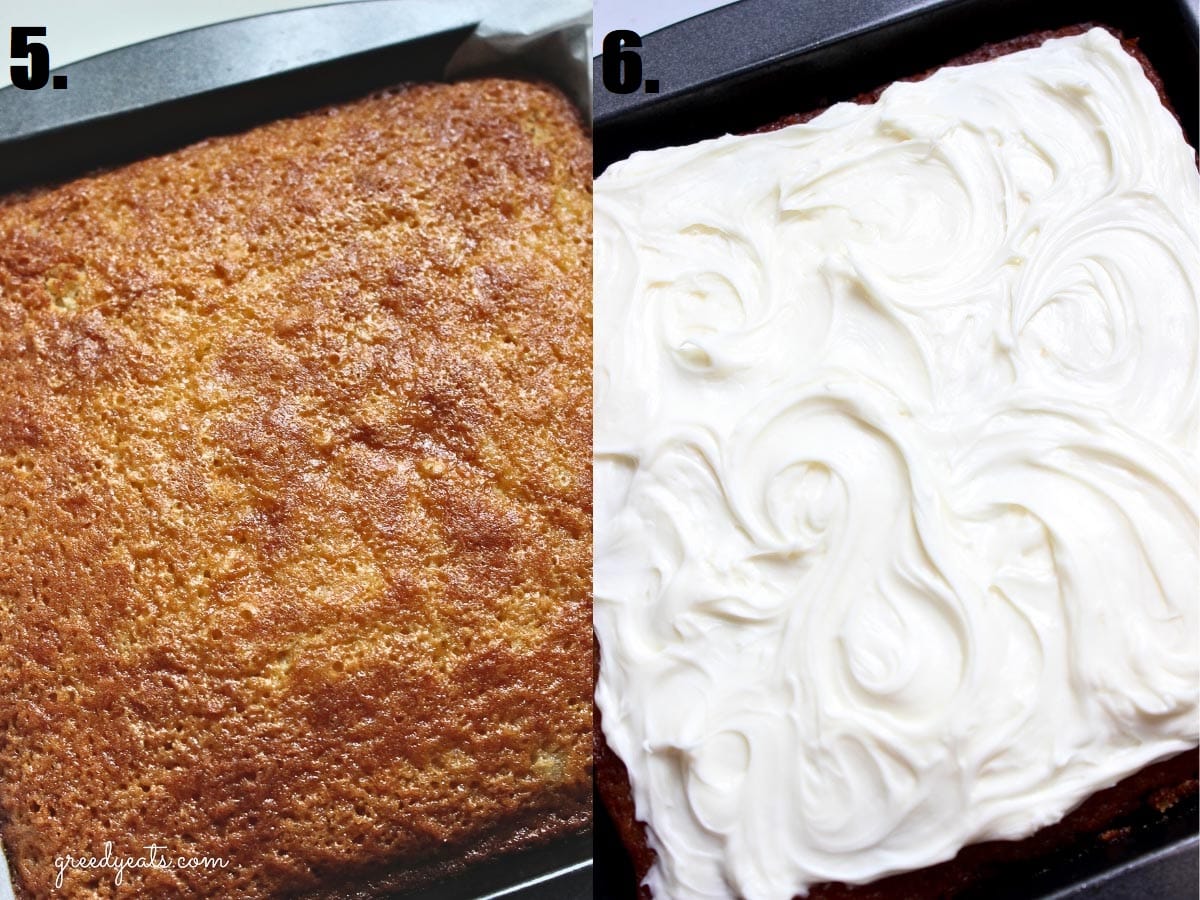 Steps on cooling the cake down and topping it with light and creamy frosting.