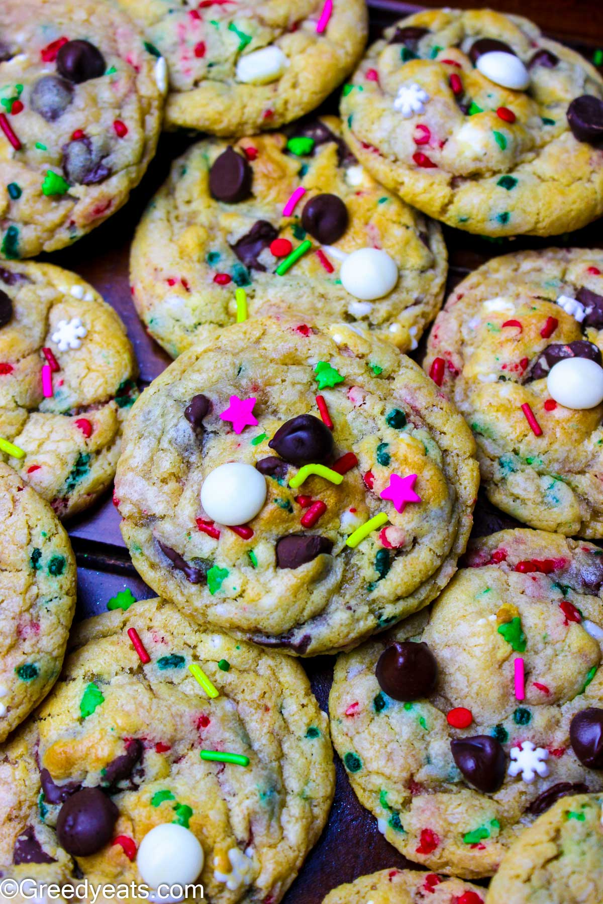 Studded with semi sweet chocolate chips, white chocolate chips and sprinkles, these are soft chocolate chip cookies.