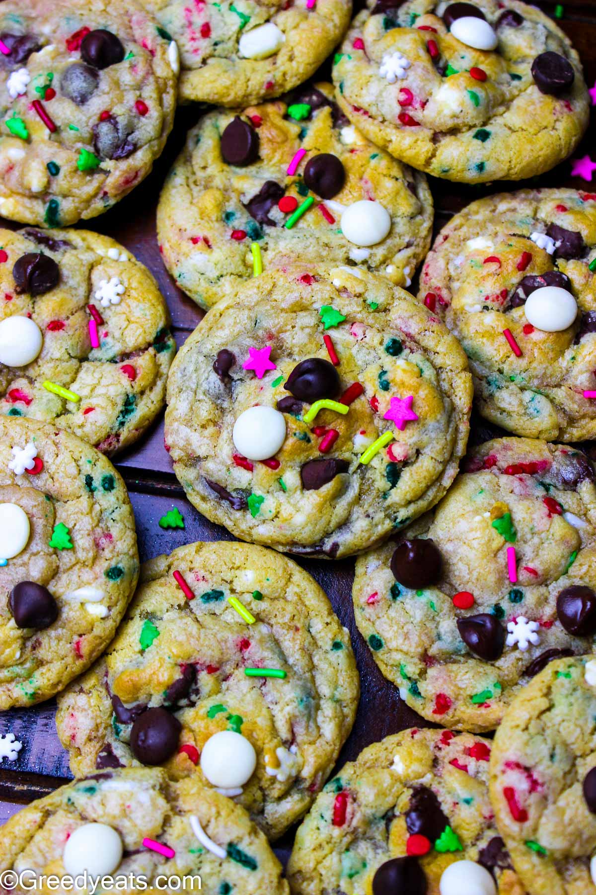 Christmas chocolate chip cookies made with brown butter and adorned with Christmas sprinkles.