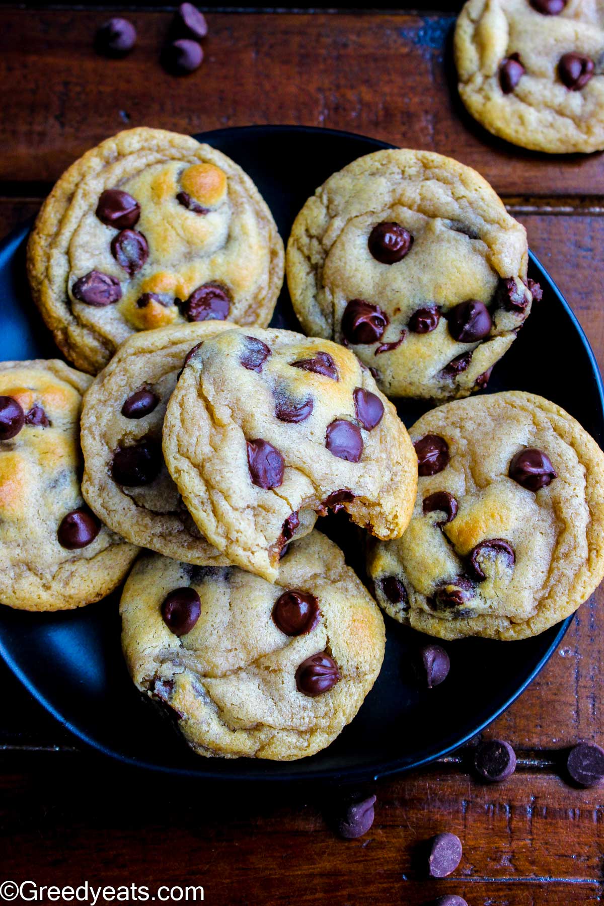 Thick and soft chocolate chip cookies with golden edges made with cream cheese and brown butter.