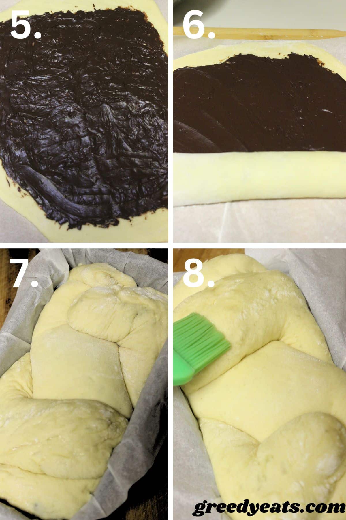 Process to spread chocolate filling on dough and twist it to form a braid.