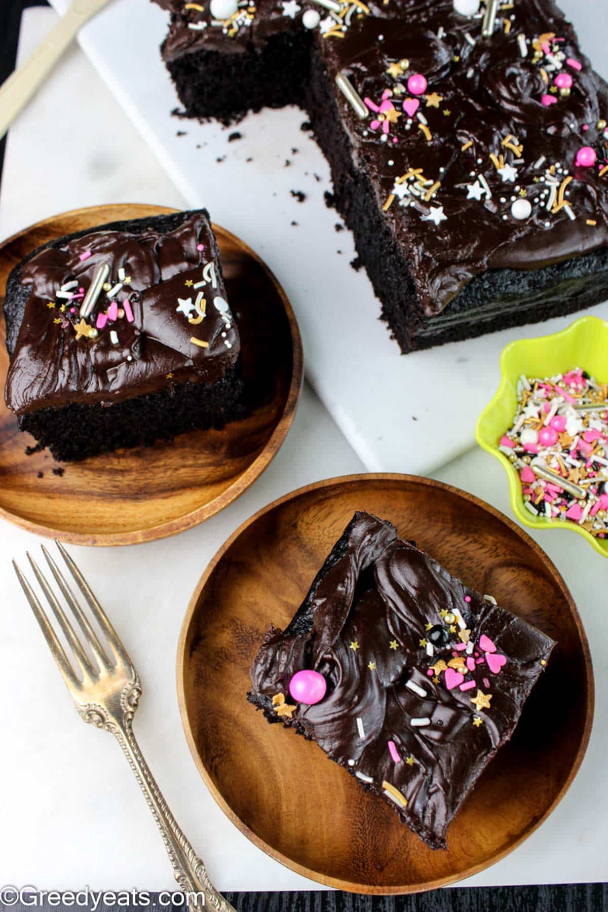 Easy chocolate cake baked in one bowl and topped with an easy chocolate ganache recipe.