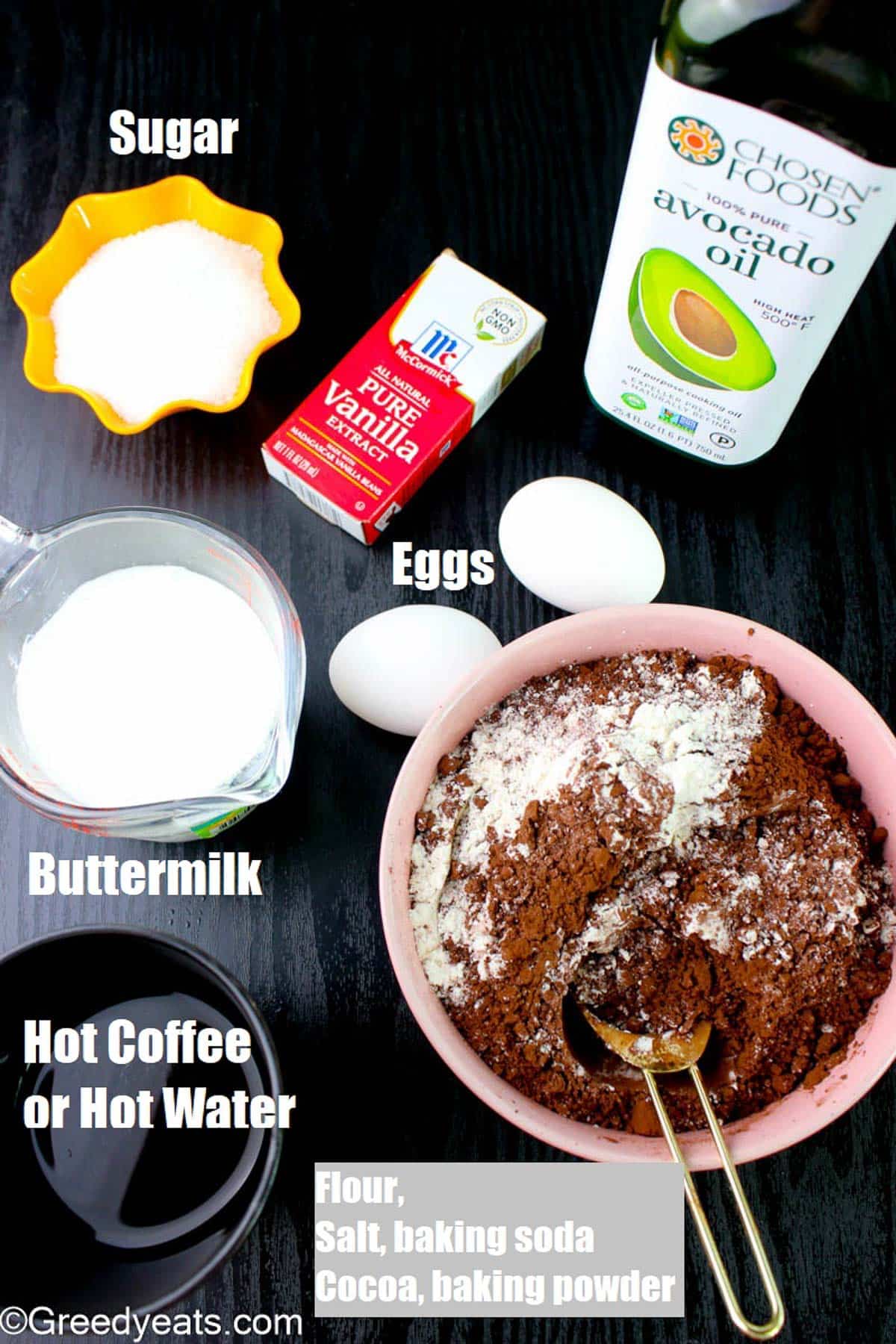 Ingredients like flour, cocoa, sugar, egg, buttermilk and leaveners to make chocolate cake batter.