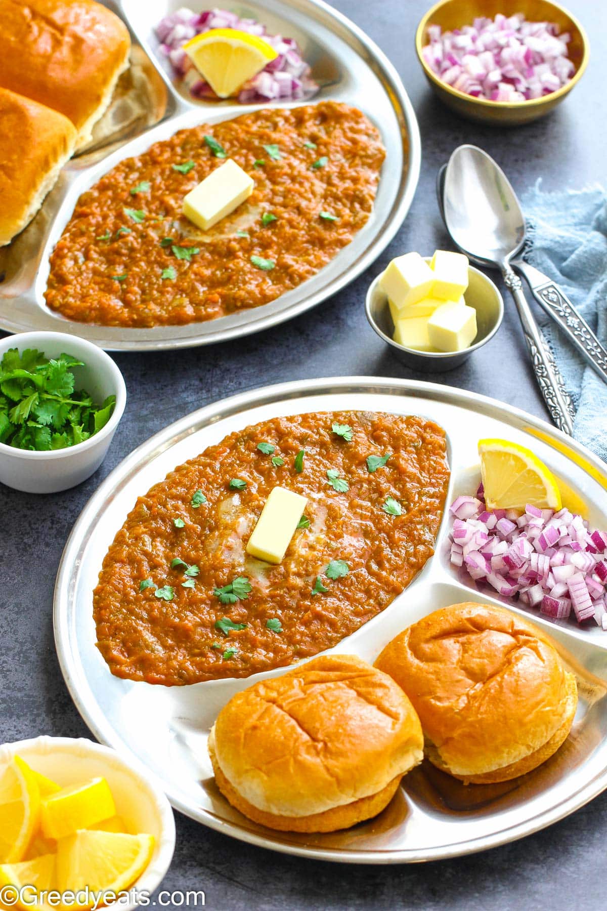 Pav Bhaji made with boiled veggies and then spiced with pav bhaji masala, served with toasted pav.