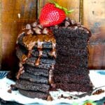 Chocolate Pancakes that cook tall and fluffy, topped with chocolate ganache.