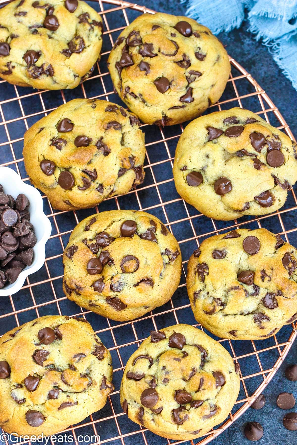 Homemade Chocolate Chip Cookies cooling on wire stand with golden edges and melty choc chips.