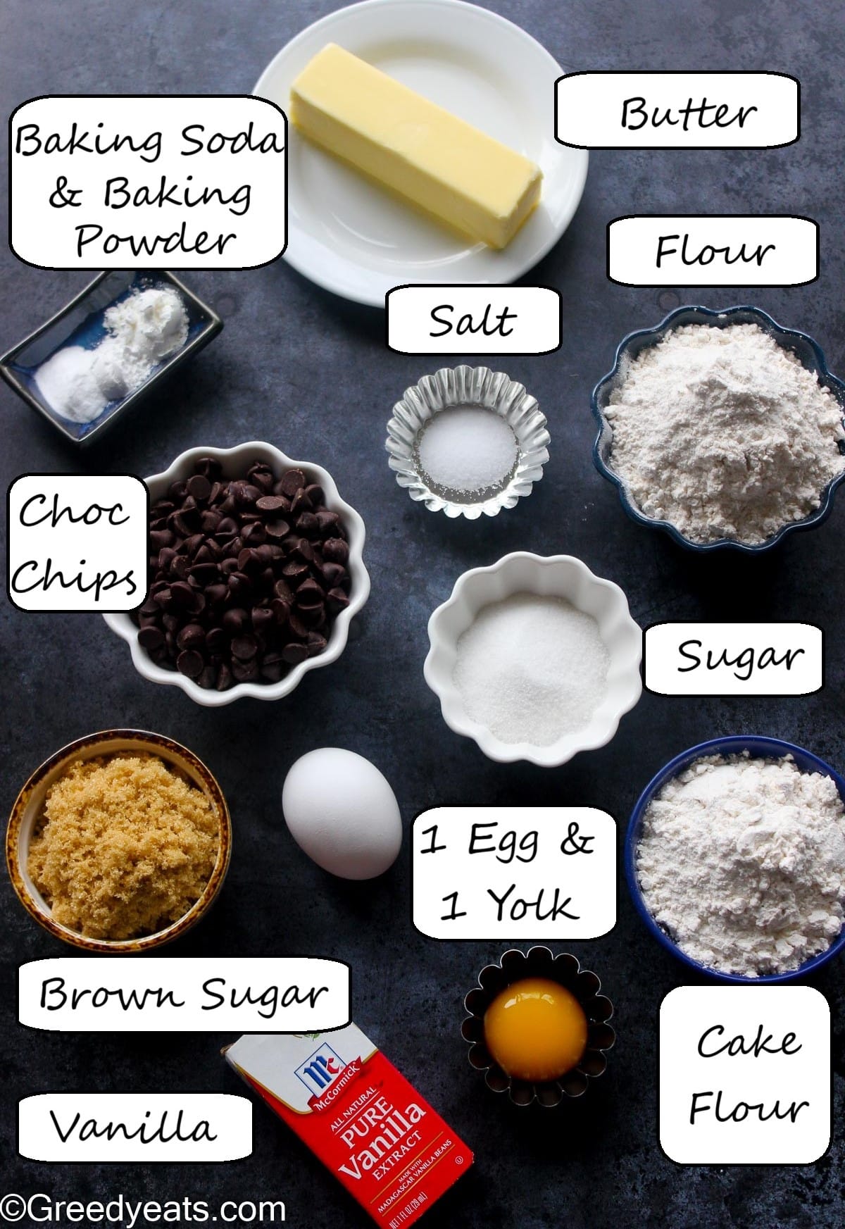 Ingredients like flour, butter, sugar, leaveners, salt, vanilla and eggs to bake cookies.