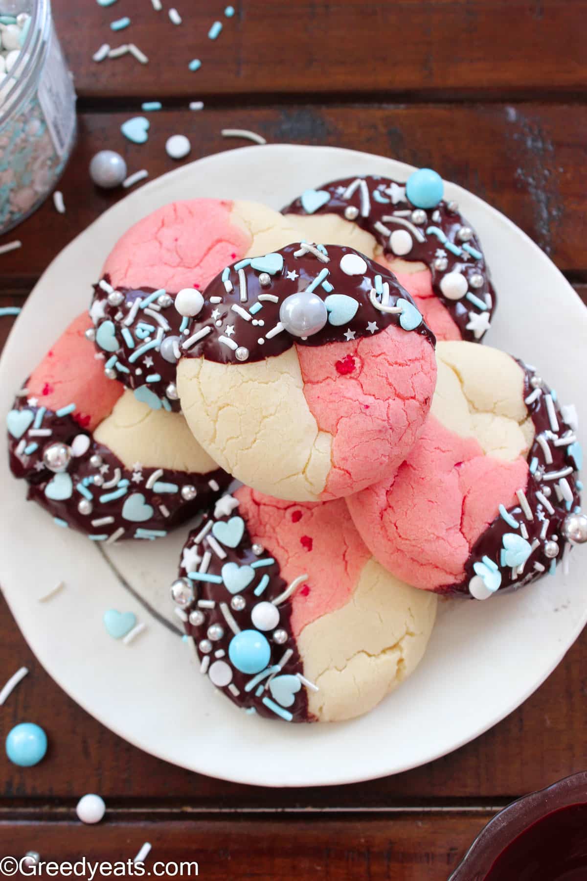 Neapolitan Cookies with cake mix with three great flavors and some sprinkles on a plate.