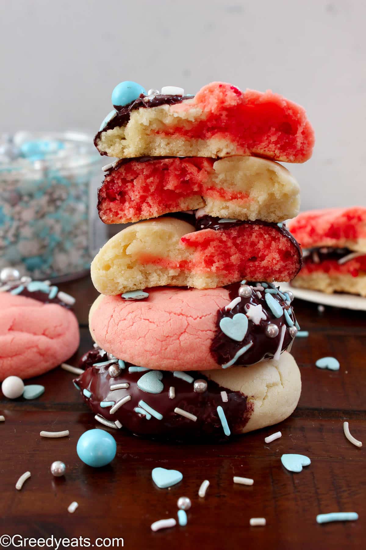 A stack of thick, soft and thick Neapolitan Cookies using Cake Mix.