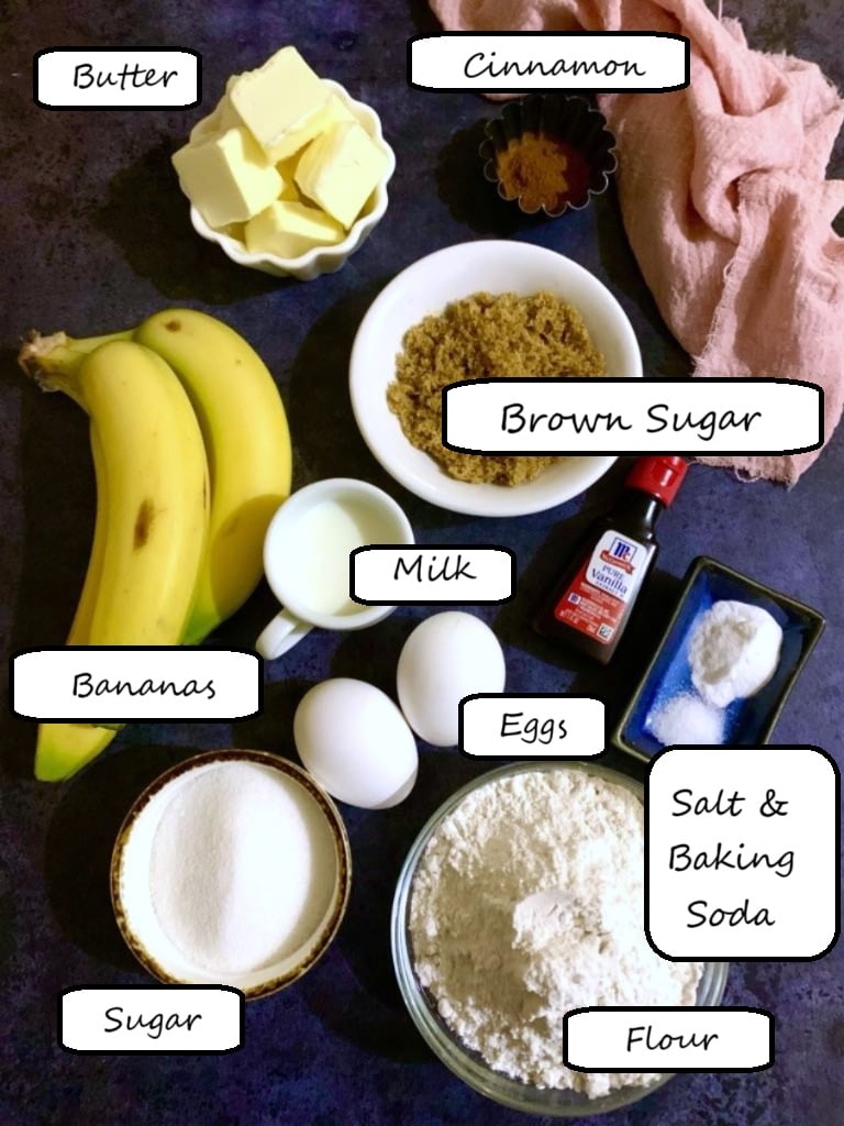 A visual of ingredients like bananas, butter. milk, flour, vanilla and eggs to make banana bread.